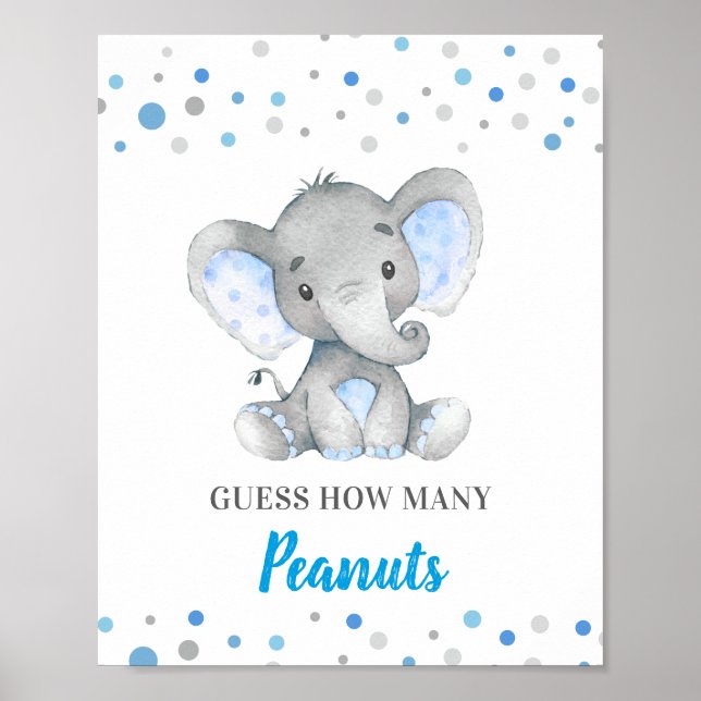 Póster Adivinen cuántos cacahuetes azul elefante Baby Sho (Frente)
