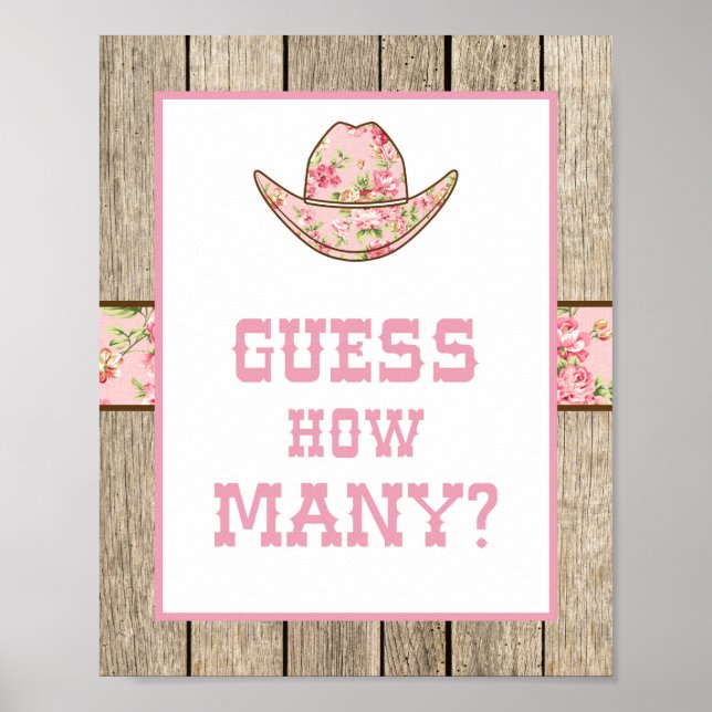 Póster Adivinen Cuántos Rótulos de Baby Shower de Cowgirl (Frente)