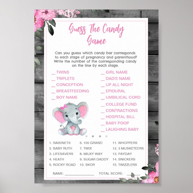 Póster Adivinen el juego de Candy Baby Shower Elephant Pi (Frente)