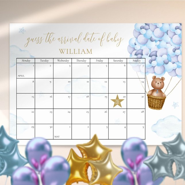 Póster Adivinen La Fecha De Vencimiento Teddy Bear Azul B (Guess The Due Date Teddy Bear Blue Baby Shower Poster)