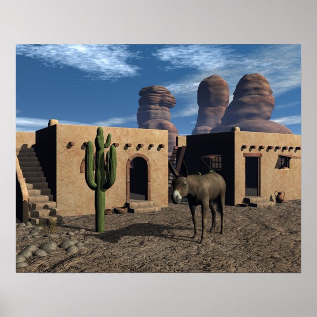 Póster Adobe Dwellings and Burro (Frente)