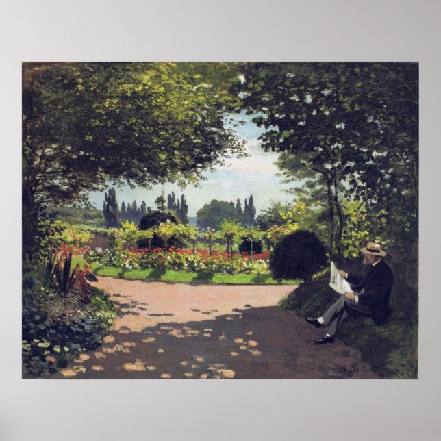 Póster Adolphe Monet leyendo en el jardín, 1866 (Frente)