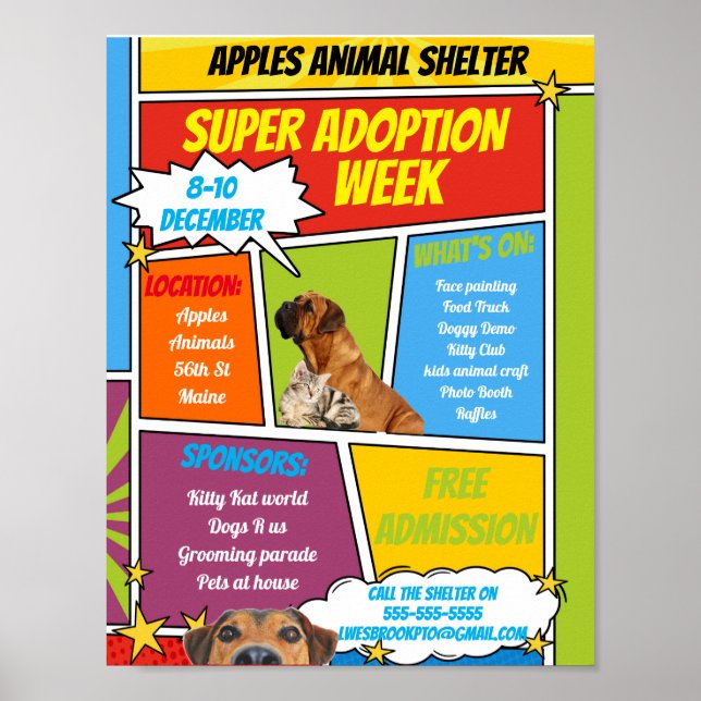 Póster adopción de refugio de animales COMIC SUPER HERO (Frente)