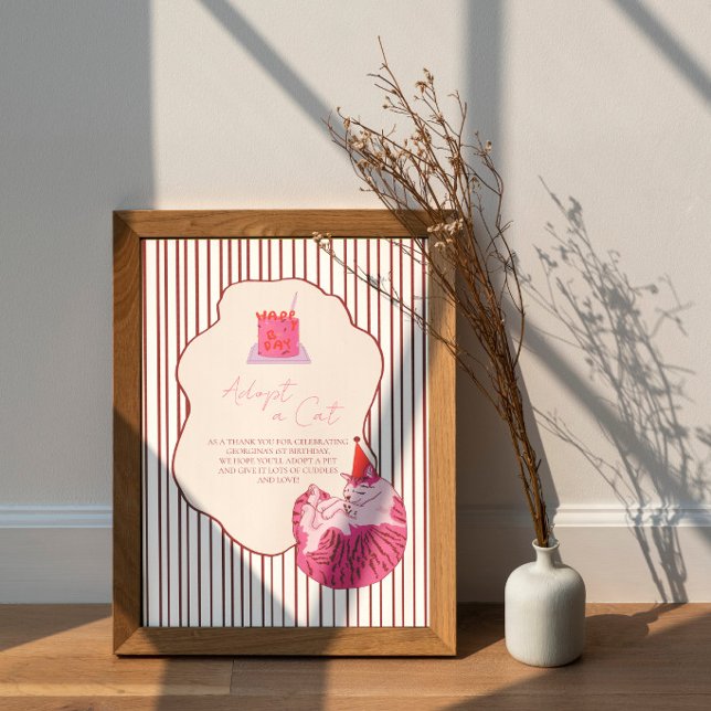 Póster Adopt a Cat Pink Cake on Stripes Birthday Decor (Subido por el creador)