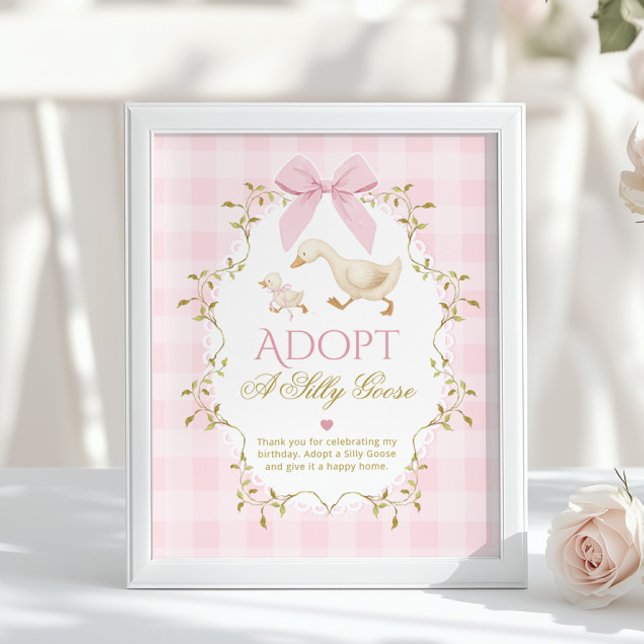 Póster Adopt A Silly Goose Pink Gingham 1st Birthday (Subido por el creador)