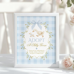 Póster Adopta un ganso tonto de gingham azul cumpleaños 1