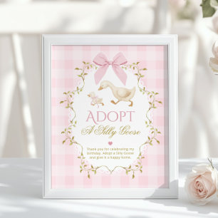 Póster Adopta un ganso tonto Pink Gingham cumpleaños 1