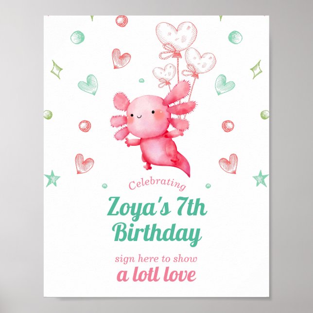 Póster Adorable acuarela Baby Axolotl Signo de cumpleaños (Frente)