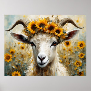Póster Adorable Angora Goat en los campos del girasol