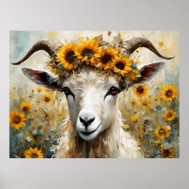 Póster Adorable Angora Goat en los campos del girasol (Frente)
