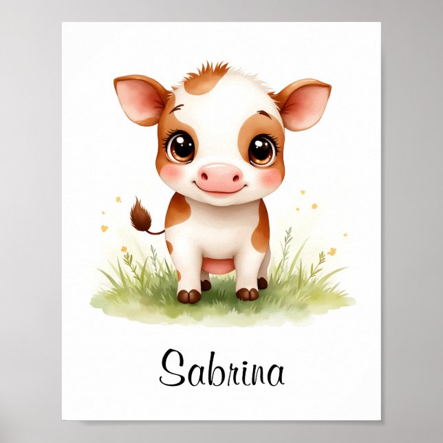 Póster Adorable Baby Cow Personalizado Nursery Wall Art (Frente)
