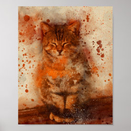 Póster adorable bebé gatito durmiendo pintura acuática