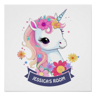 Póster Adorable Bebe Unicornio Blanco con Flores