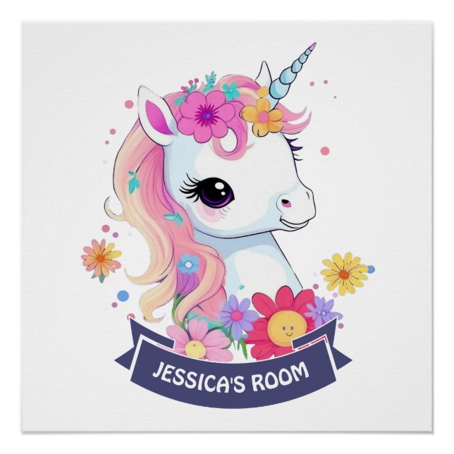 Póster Adorable bebé unicornio blanco con flores (Anverso)