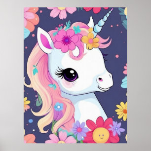 Póster Adorable Bebe Unicornio Blanco con Flores