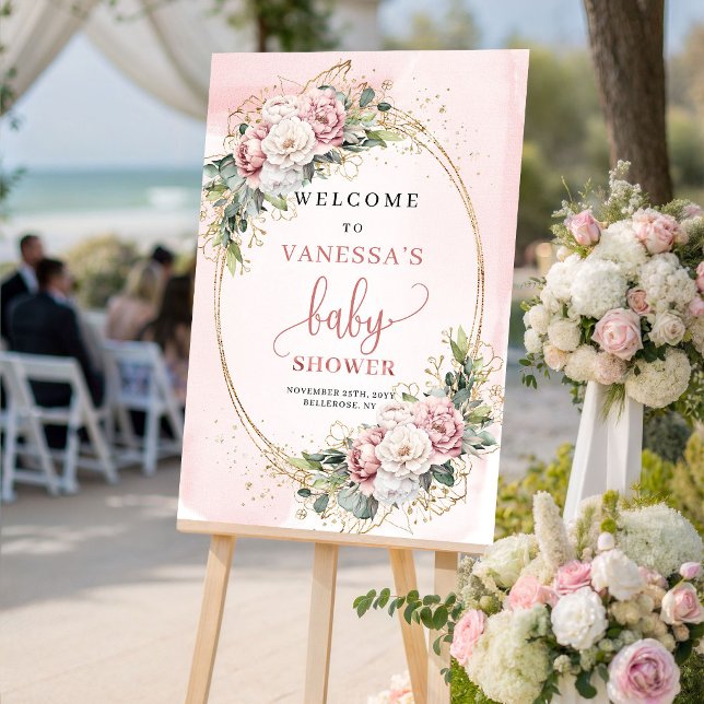 Póster Adorable Blush Pink Floral Baby Shower Welcome Sig (Adorable Blush Pink Floral Baby Shower Welcome Sign)