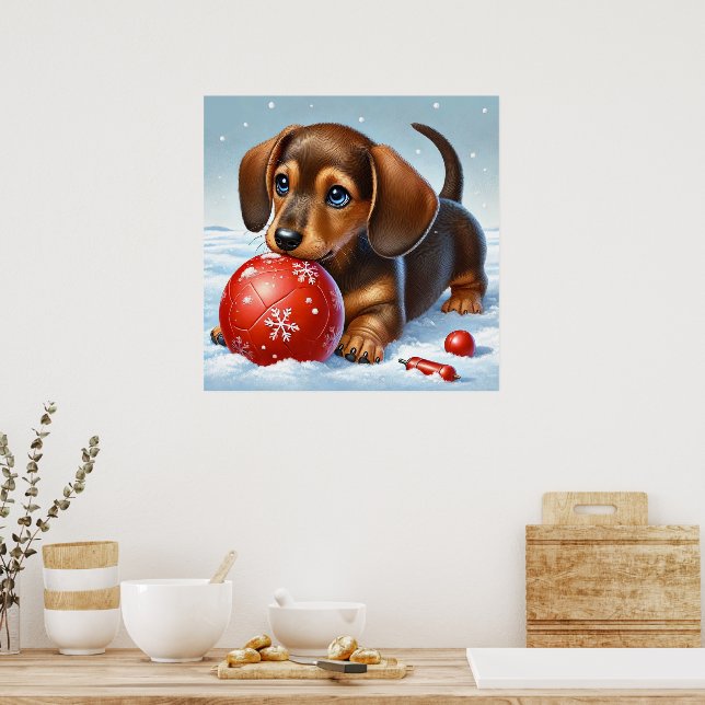 Póster Adorable Cachorro Dachshund Jugando En La Nieve (Cocina)