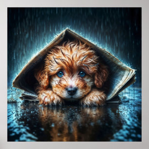 Póster Adorable cachorro mojado bajo refugio de periódico