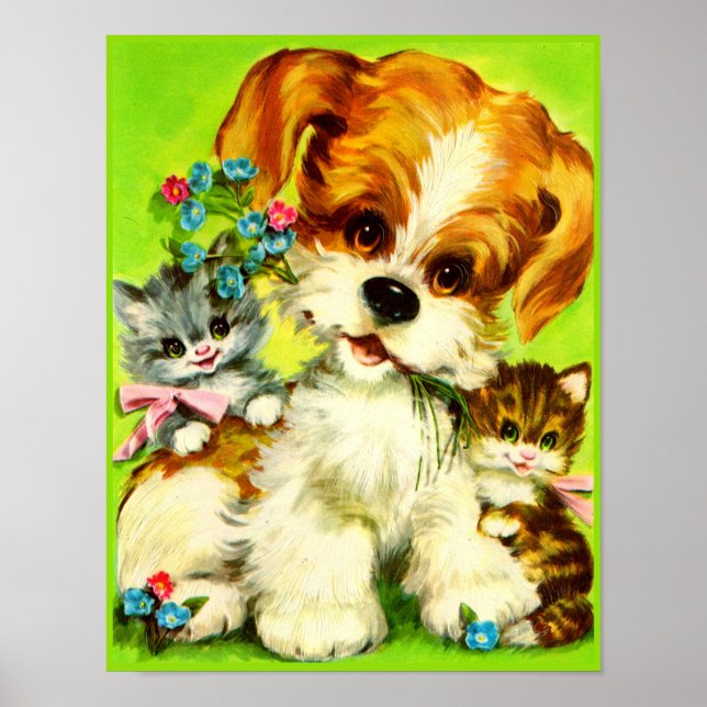 Póster adorable cachorro y gatitos sonrientes (Frente)