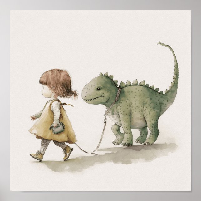 Póster Adorable chica caminando dinosaurios poster de art (Frente)