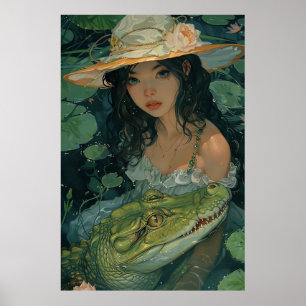 Póster Adorable Chica con Poster de pintura de cocodrilos