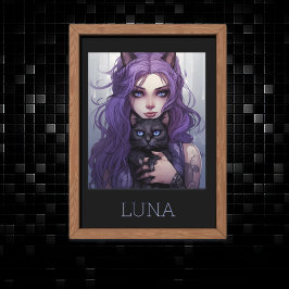 Póster Adorable Chica de anime y gato pelo morado