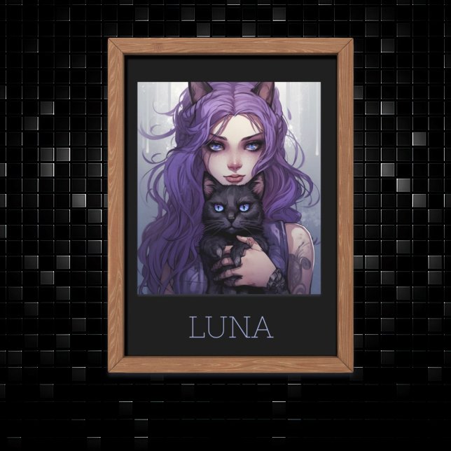 Póster Adorable Chica de anime y gato pelo morado (Subido por el creador)