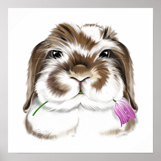 Póster Adorable conejo americano Fuzzy Lop con tulipán ro (Frente)