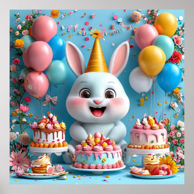 Póster Adorable conejo celebrando el cumpleaños (Frente)