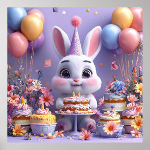Póster Adorable conejo celebrando el cumpleaños