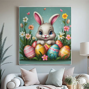 Póster Adorable Conejo de Pascua Huevos Coloridos Flor de