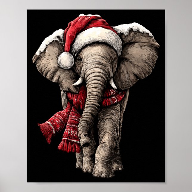 Póster Adorable Elephant In Santa Hat Snowy Winter Christ (Frente)