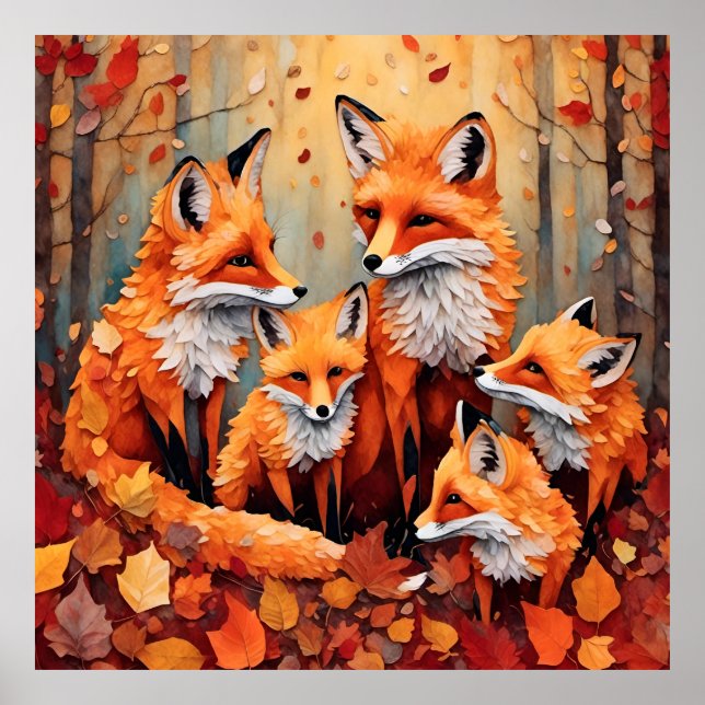 Póster Adorable familia Red Fox en otoño (Frente)