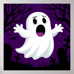 Póster Adorable Fantasma de Dibujos Animados en Halloween