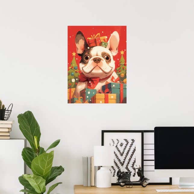 Póster Adorable French Bulldog with Christmas Gifts (Oficina en casa)