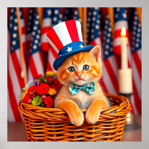 Póster Adorable Gatito con Sombrero Patriótico