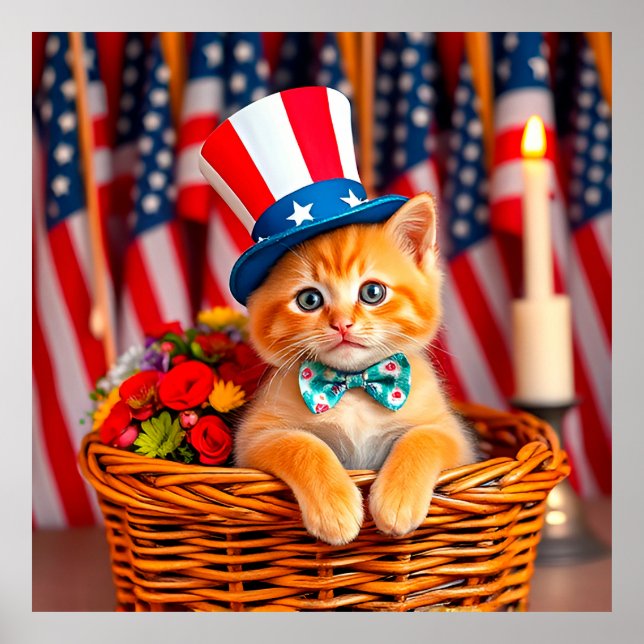 Póster Adorable Gatito con Sombrero Patriótico (Frente)