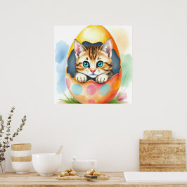 Póster Adorable Gatito de Pascua en un Huevo colorido