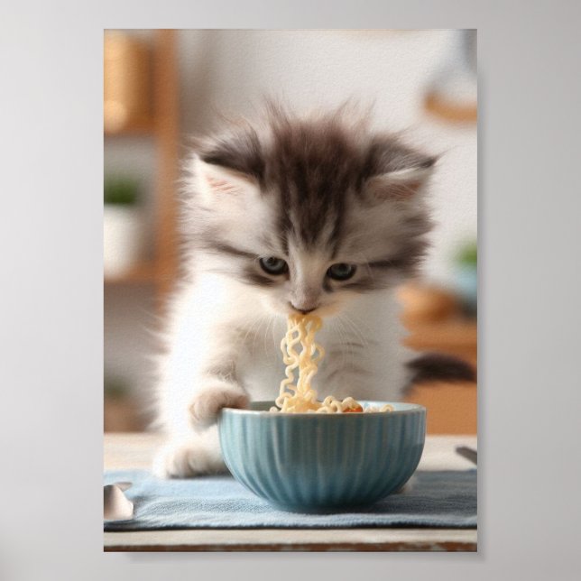 Póster Adorable Gatito Fluffy Comer Fideos De Ramen (Frente)
