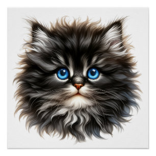 Póster Adorable Gatito Fluffy con Ojos Azules