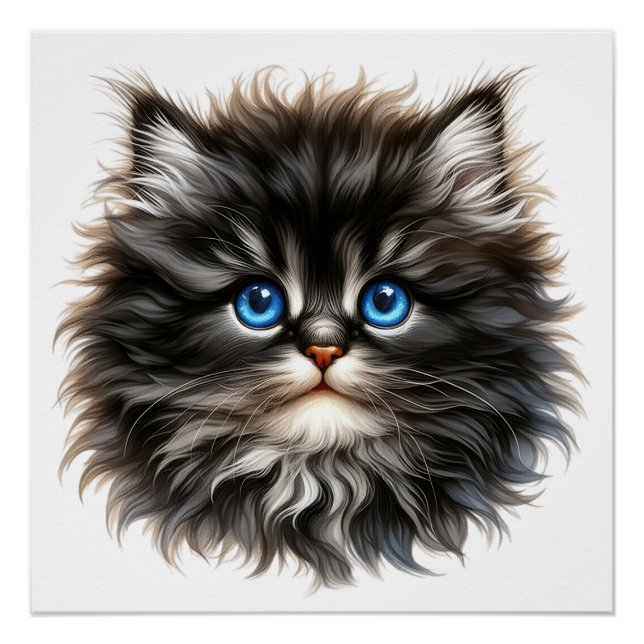 Póster Adorable Gatito Fluffy con Ojos Azules (Anverso)