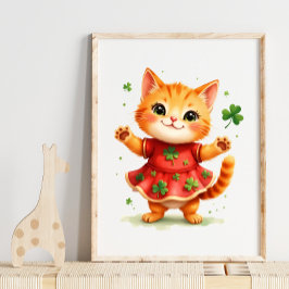 Póster Adorable Gatito Naranja con Vestido de Trébol de C