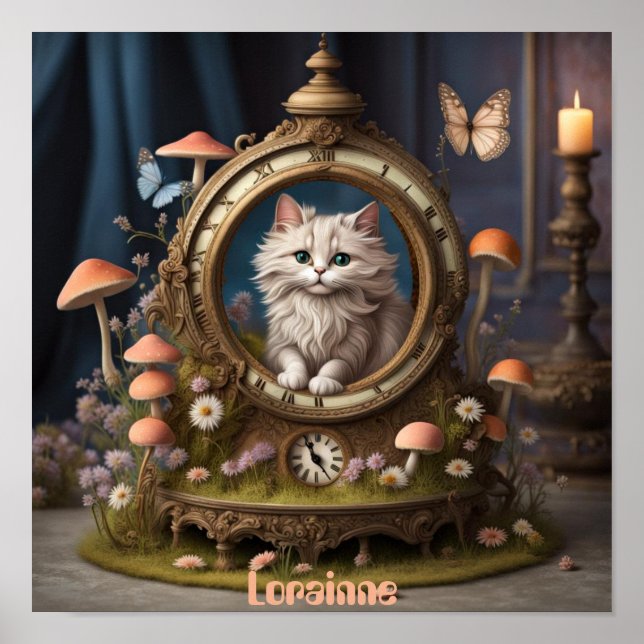 Póster Adorable gato esponjoso en reloj, setas, editable (Frente)