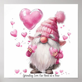 Póster Adorable Gnome de San Valentín con corazones rosad