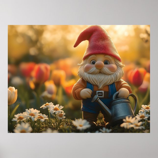 Póster Adorable gnomo de jardín con regadera (Frente)
