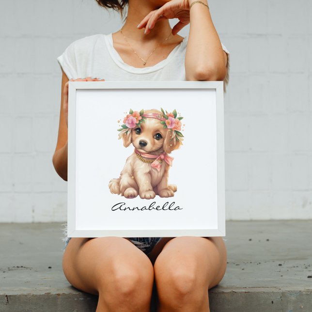 Póster Adorable Golden Retriever Puppy Floral (Golden Retriever Puppy Poster with Custom Name - Adorable Dog Lover Nursery Art)