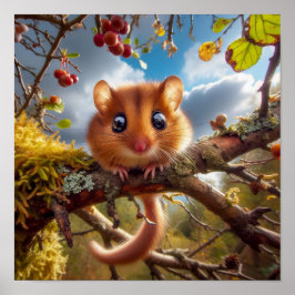 Póster Adorable Hazel Dormouse en un árbol de bosques