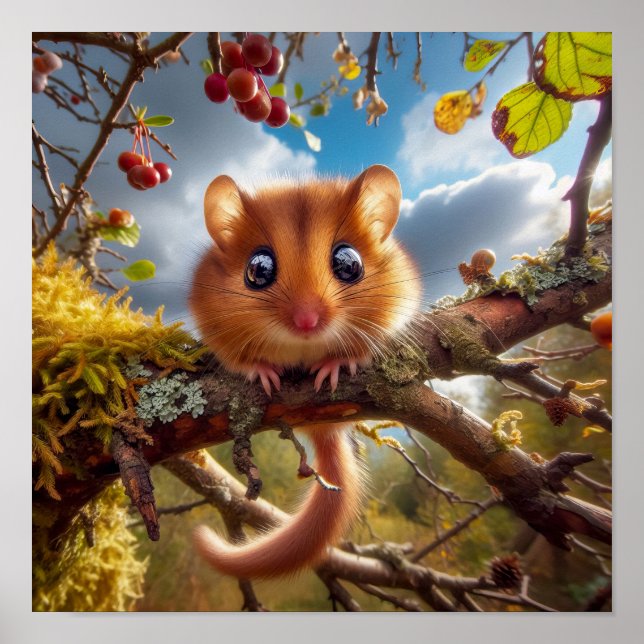 Póster Adorable Hazel Dormouse en un árbol de bosques (Frente)