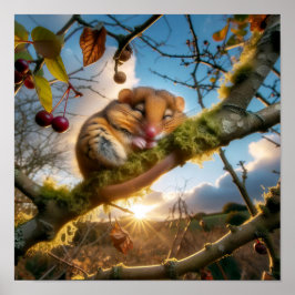 Póster Adorable Hazel Dormouse en un árbol de bosques