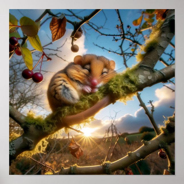 Póster Adorable Hazel Dormouse en un árbol de bosques (Frente)